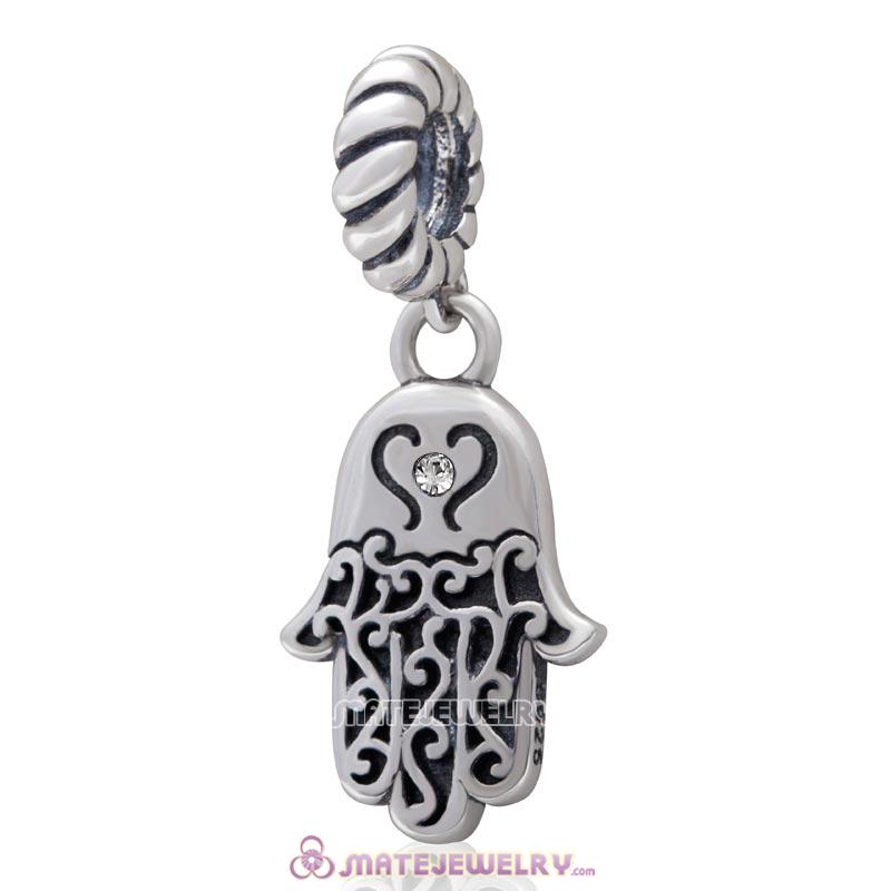 Religion Faith Hamsa Hand Antique Silver Dangle Bead with Clear Crystal