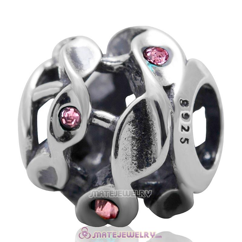 Twist Charm Sterling Silver Beads with Lt Rose Austrian Crystal