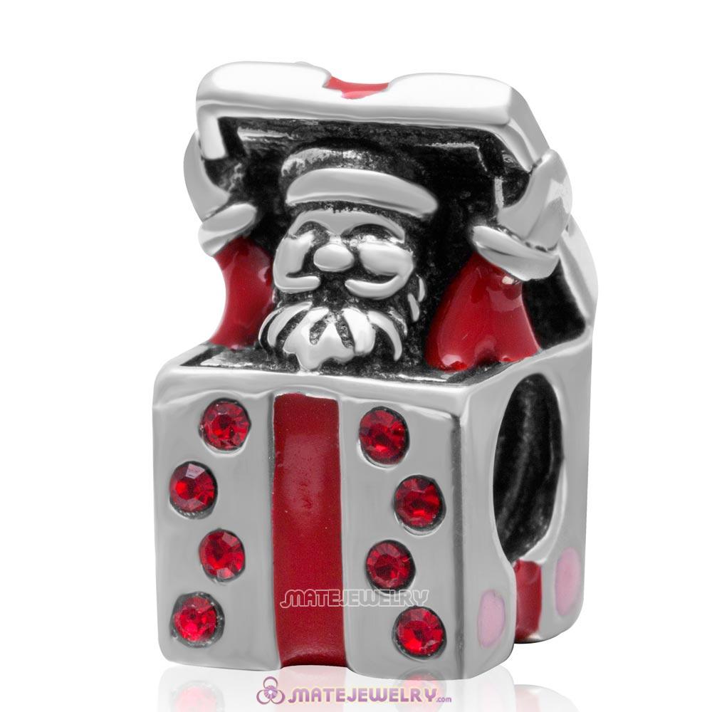 Santa Claus Gift Charm Red Enamel Sterling Silver Beads with Lt Siam Crystal