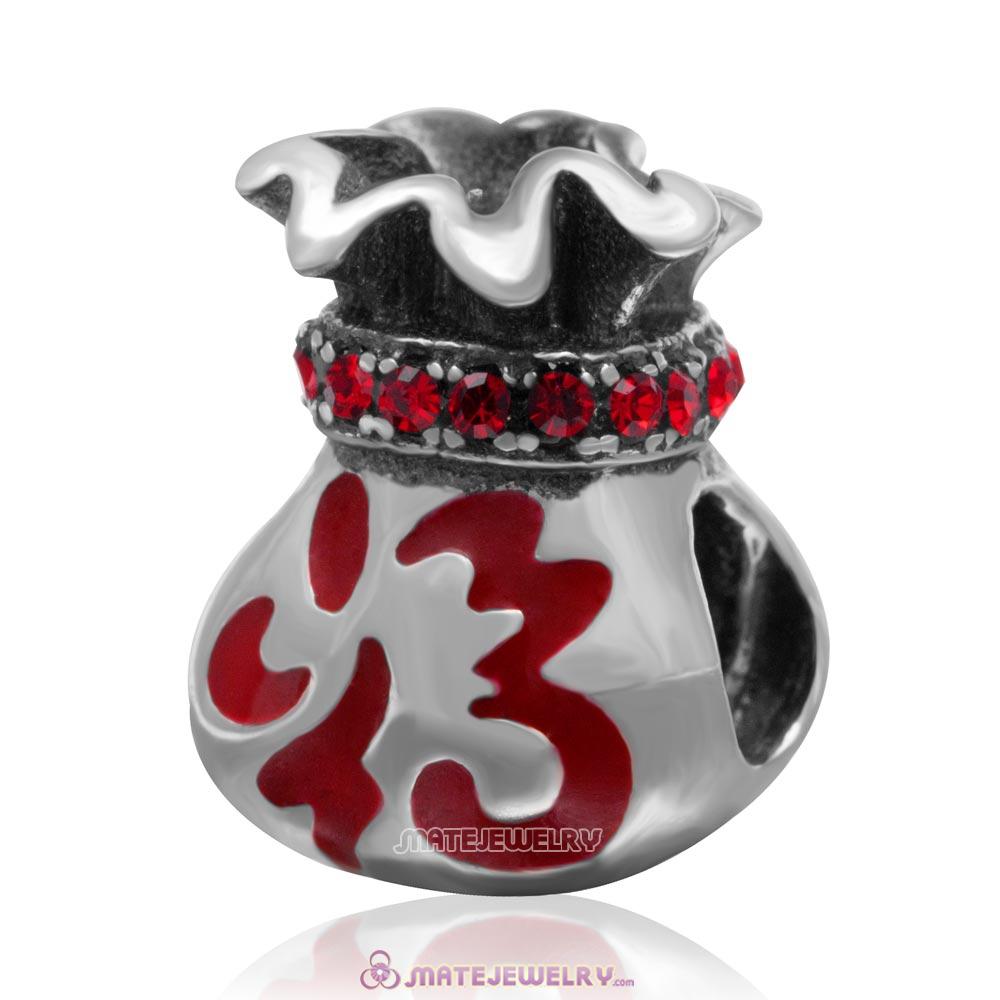 Chinese Fu Pocket Charm Sterling Silver Red Enamel Beads with Lt Siam Australian Crystal