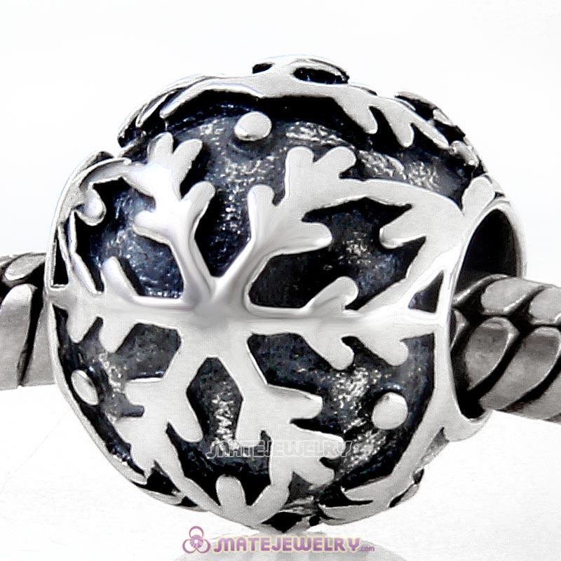 Solid Antique Sterling Silver Snowflake Charm Bead 