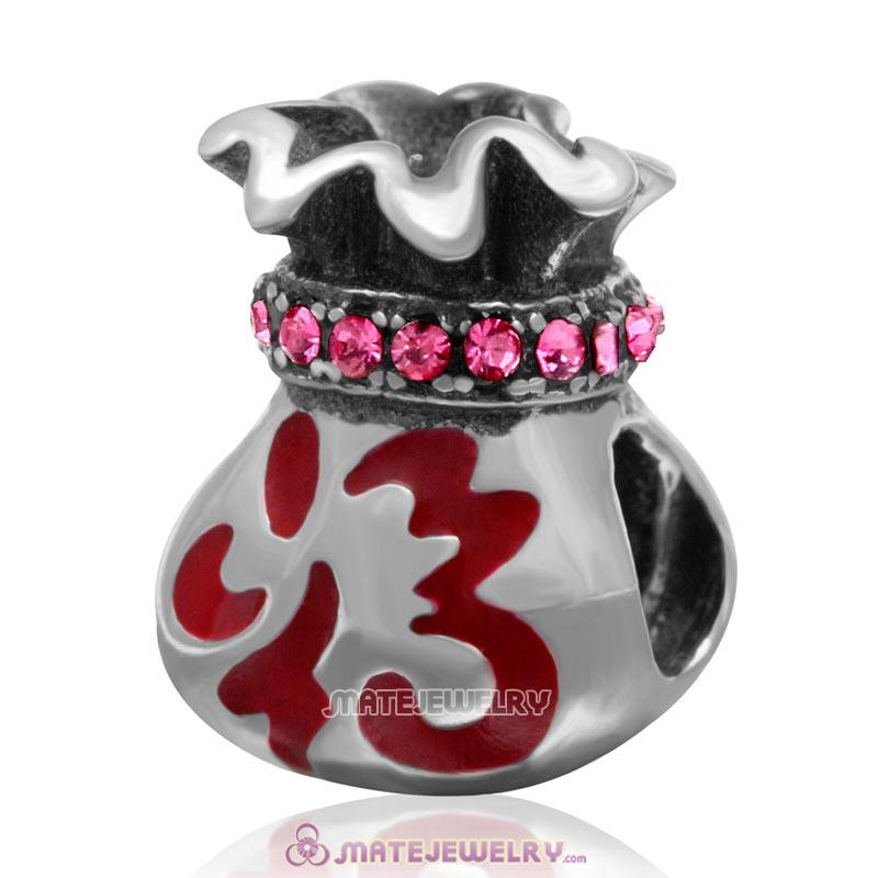 Chinese Fu Pocket Charm Sterling Silver Red Enamel Beads with Rose Australian Crystal