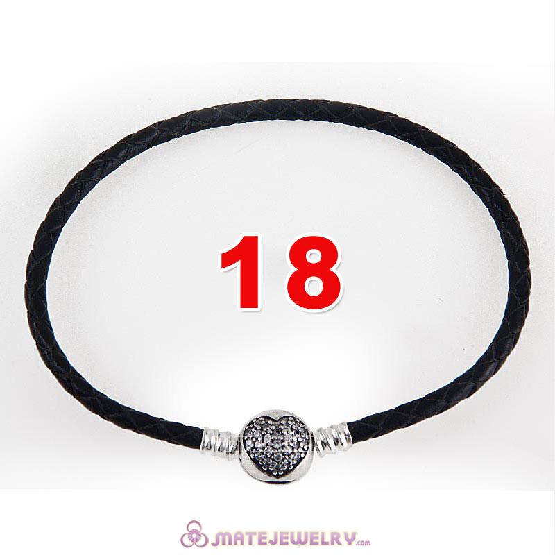 18cm Black Braided Leather Bracelet 925 Silver Love of My Life Round Clip with Heart White CZ Stone