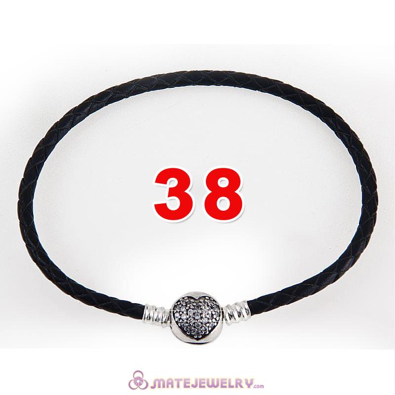 38cm Black Braided Leather Double Bracelet 925 Silver Love of My Life Clip with Heart White CZ Stone