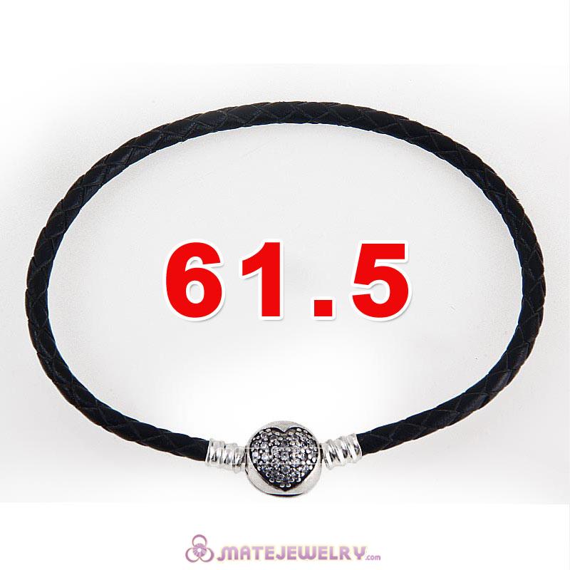 61.5cm Black Braided Leather Triple Bracelet Silver Love of My Life Clip with Heart White CZ Stone