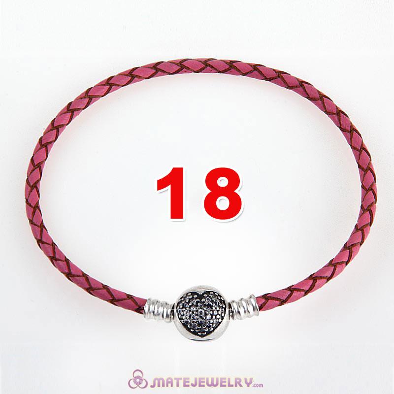 18cm Pink Braided Leather Bracelet 925 Silver Love of My Life Round Clip with Heart White CZ Stone