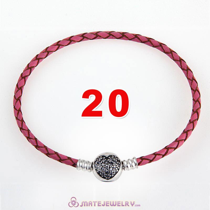 20cm Pink Braided Leather Bracelet 925 Silver Love of My Life Round Clip with Heart White CZ Stone