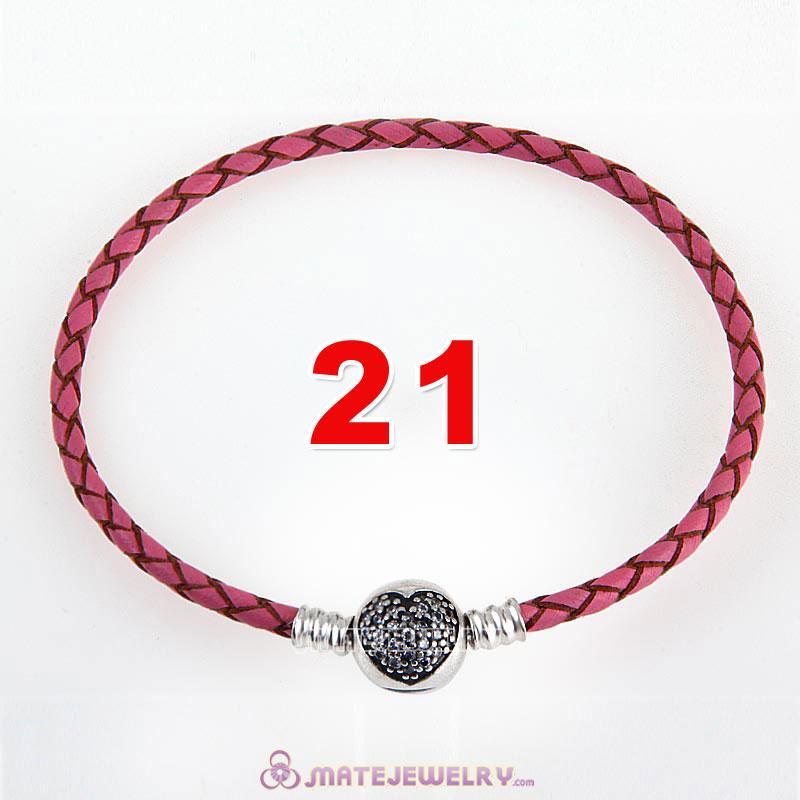 21cm Pink Braided Leather Bracelet 925 Silver Love of My Life Round Clip with Heart White CZ Stone