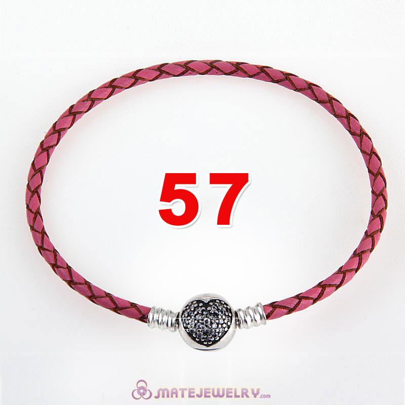 57cm Pink Braided Leather Triple Bracelet 925 Silver Love of My Life Clip with Heart White CZ Stone