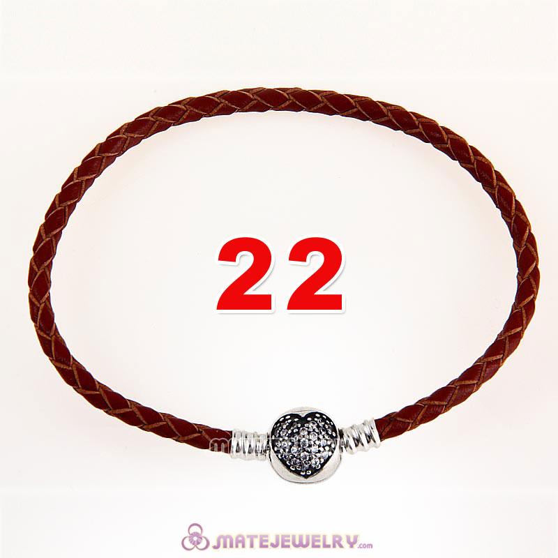 22cm Brown Braided Leather Bracelet 925 Silver Love of My Life Round Clip with Heart White CZ Stone