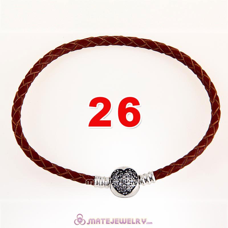 26cm Brown Braided Leather Bracelet 925 Silver Love of My Life Round Clip with Heart White CZ Stone