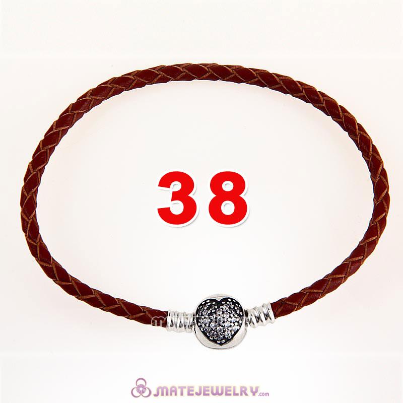 38cm Brown Braided Leather Double Bracelet 925 Silver Love of My Life Clip with Heart White CZ Stone