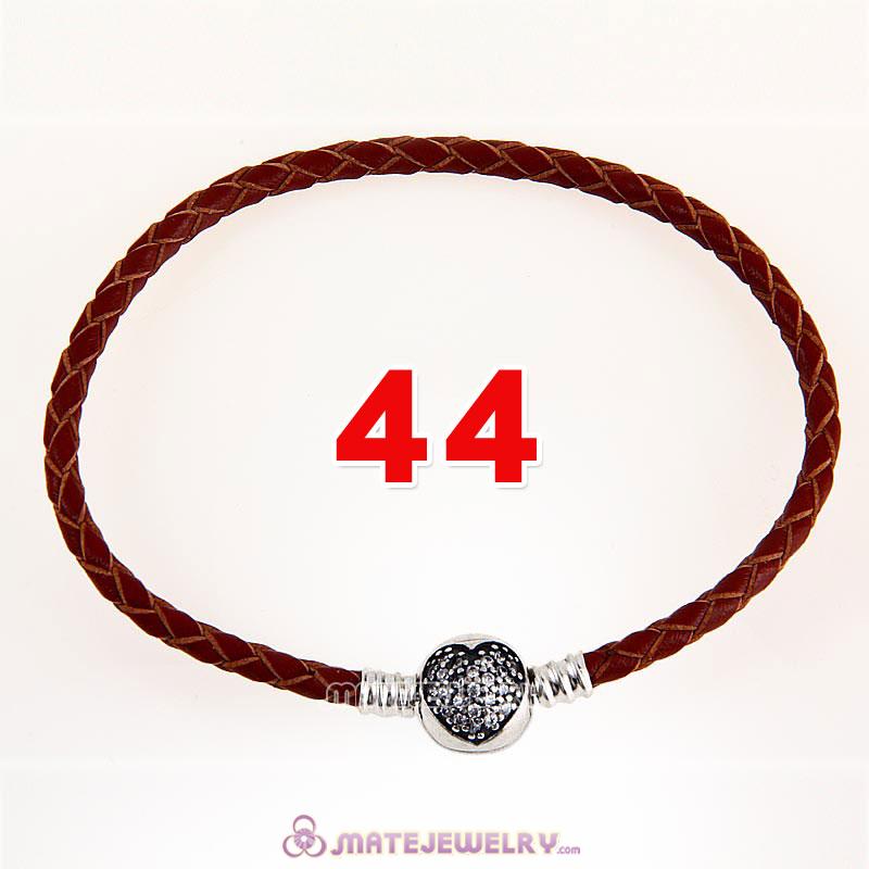 44cm Brown Braided Leather Double Bracelet 925 Silver Love of My Life Clip with Heart White CZ Stone