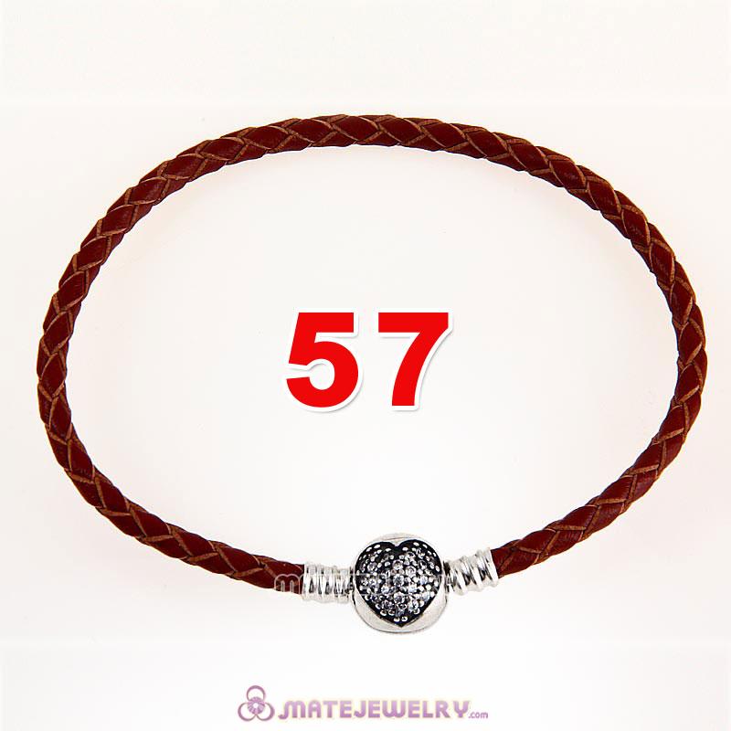 57cm Brown Braided Leather Triple Bracelet 925 Silver Love of My Life Clip with Heart White CZ Stone