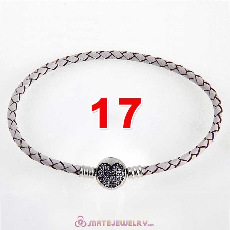 17cm White Braided Leather Bracelet 925 Silver Love of My Life Round Clip with Heart White CZ Stone