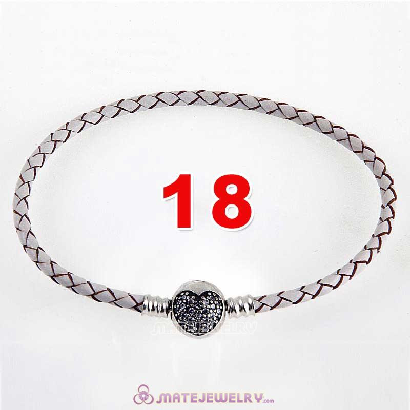18cm White Braided Leather Bracelet 925 Silver Love of My Life Round Clip with Heart White CZ Stone