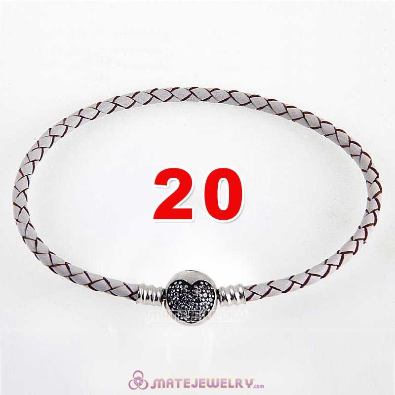 20cm White Braided Leather Bracelet 925 Silver Love of My Life Round Clip with Heart White CZ Stone