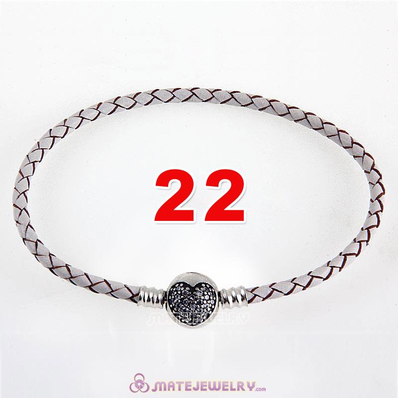22cm White Braided Leather Bracelet 925 Silver Love of My Life Round Clip with Heart White CZ Stone