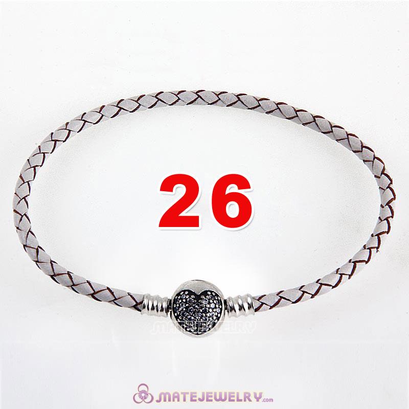 26cm White Braided Leather Bracelet 925 Silver Love of My Life Round Clip with Heart White CZ Stone