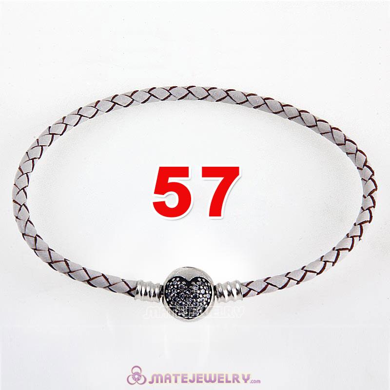 57cm White Braided Leather Triple Bracelet 925 Silver Love of My Life Clip with Heart White CZ Stone