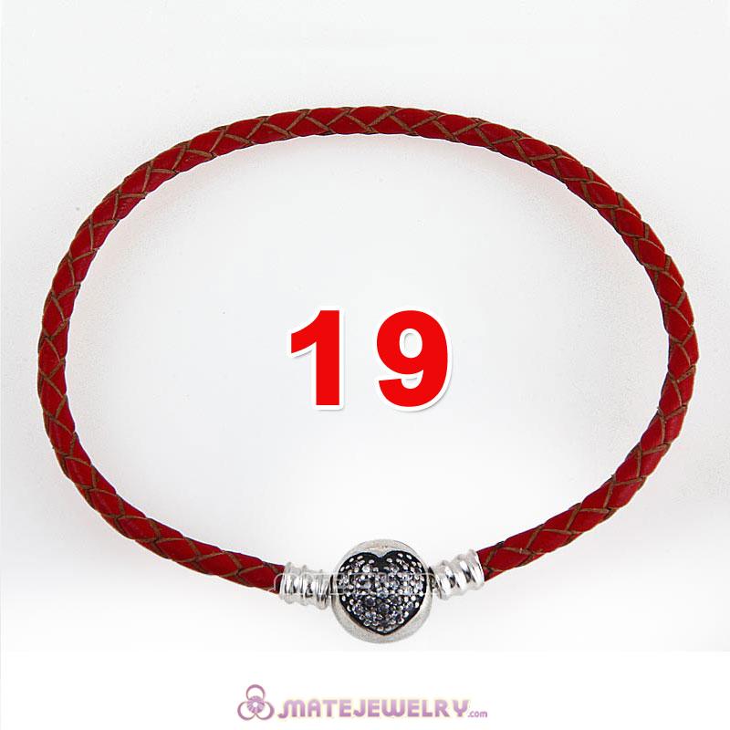 19cm Red Braided Leather Bracelet 925 Silver Love of My Life Round Clip with Heart White CZ Stone