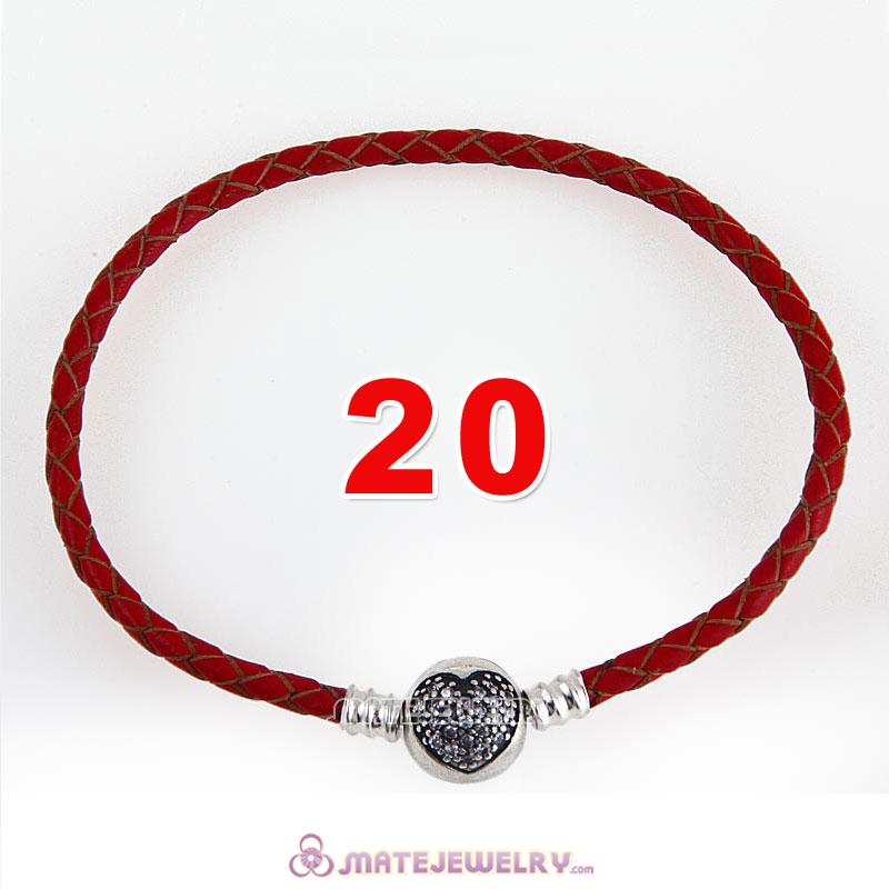20cm Red Braided Leather Bracelet 925 Silver Love of My Life Round Clip with Heart White CZ Stone