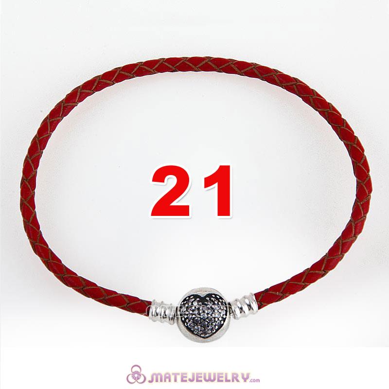 21cm Red Braided Leather Bracelet 925 Silver Love of My Life Round Clip with Heart White CZ Stone