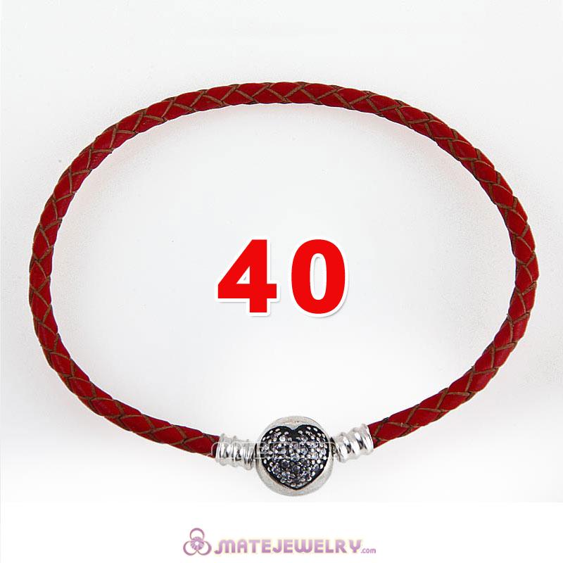 40cm Red Braided Leather Double Bracelet 925 Silver Love of My Life Clip with Heart White CZ Stone