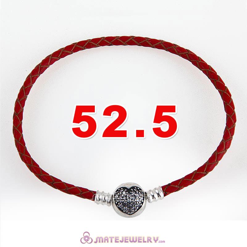 52.5cm Red Braided Leather Triple Bracelet Silver Love of My Life Clip with Heart White CZ Stone
