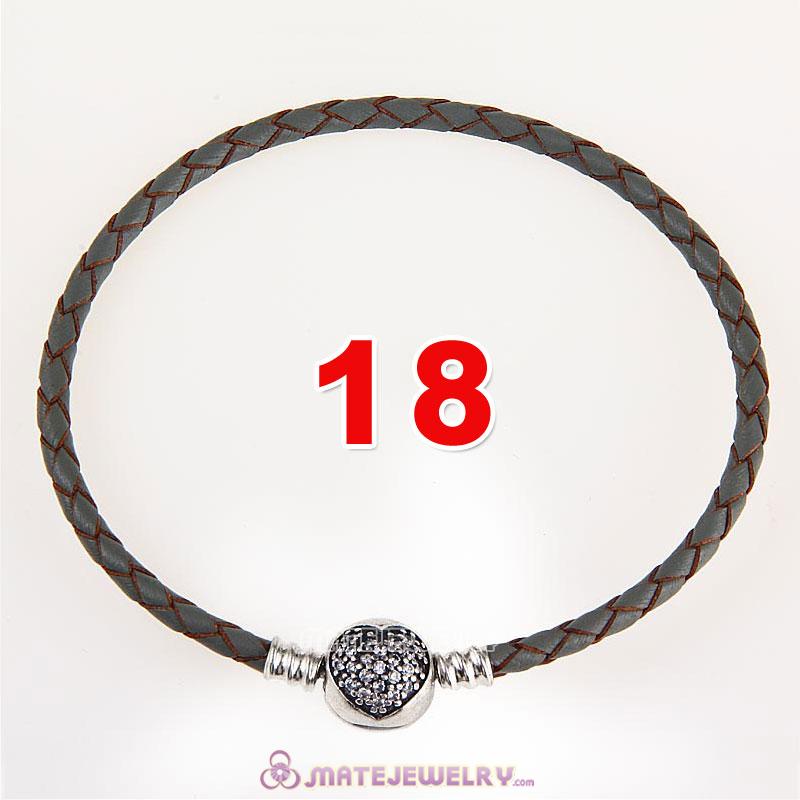 18cm Gray Braided Leather Bracelet 925 Silver Love of My Life Round Clip with Heart White CZ Stone