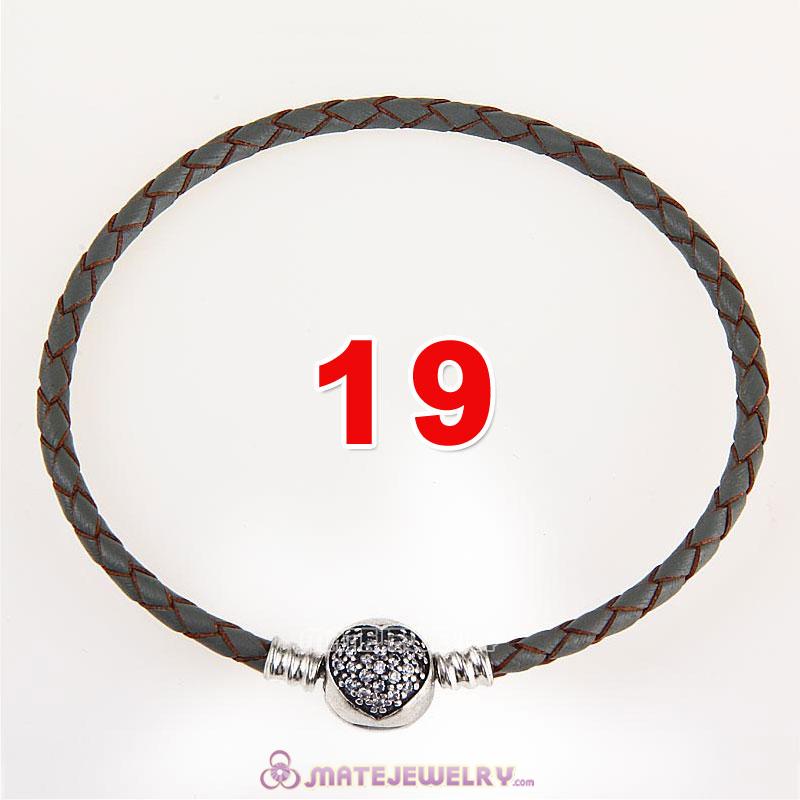 19cm Gray Braided Leather Bracelet 925 Silver Love of My Life Round Clip with Heart White CZ Stone