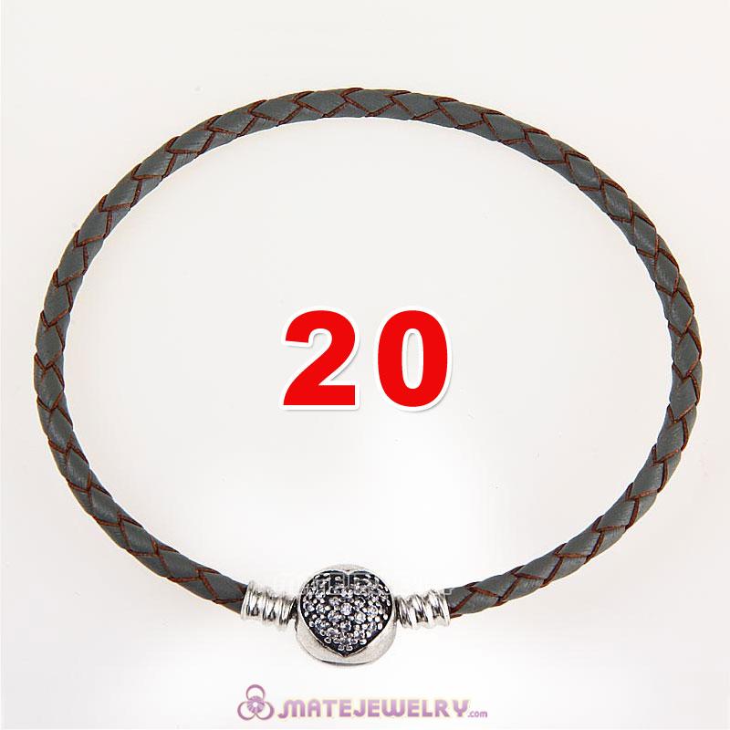 20cm Gray Braided Leather Bracelet 925 Silver Love of My Life Round Clip with Heart White CZ Stone