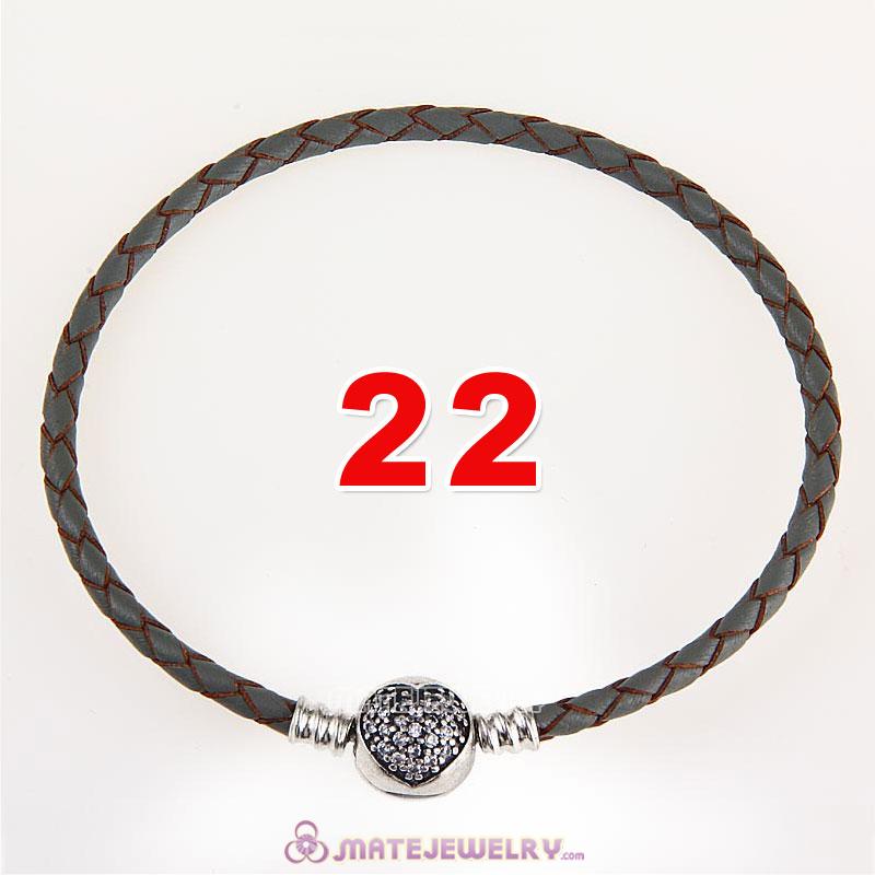 22cm Gray Braided Leather Bracelet 925 Silver Love of My Life Round Clip with Heart White CZ Stone