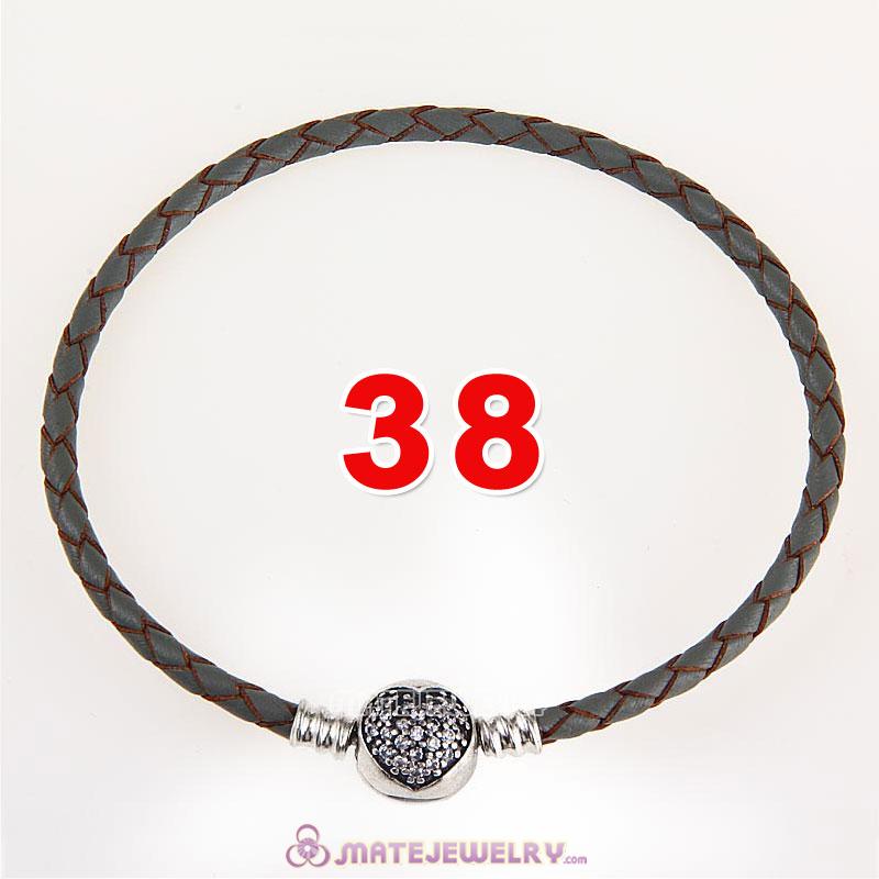 38cm Gray Braided Leather Double Bracelet 925 Silver Love of My Life Clip with Heart White CZ Stone