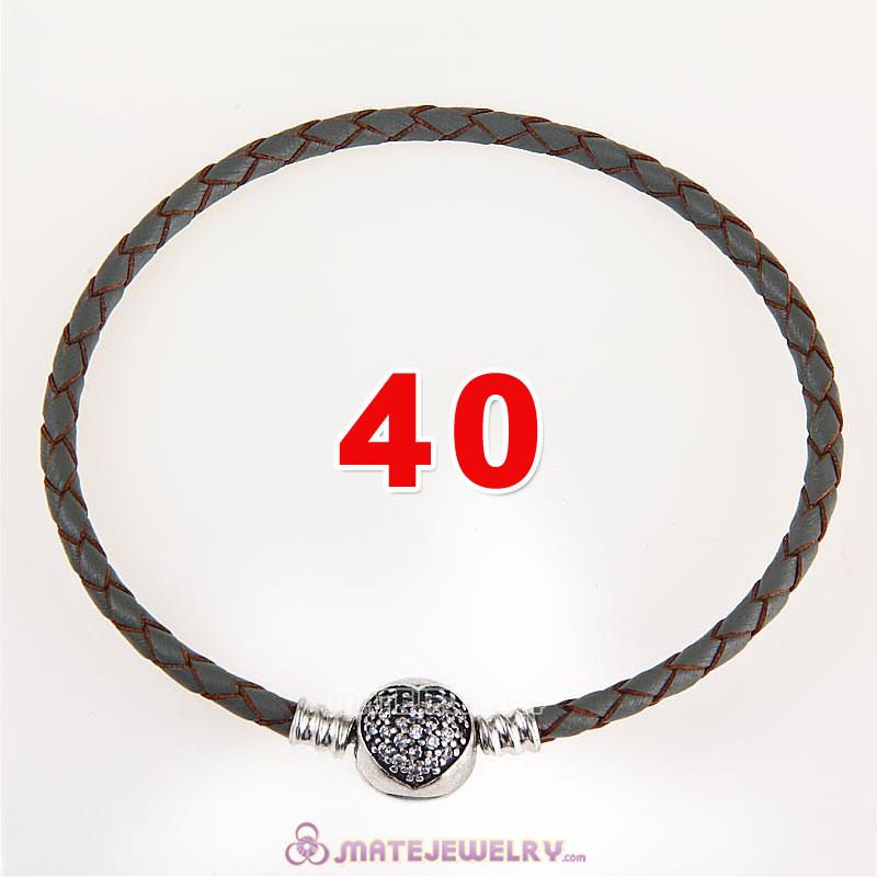 40cm Gray Braided Leather Double Bracelet 925 Silver Love of My Life Clip with Heart White CZ Stone