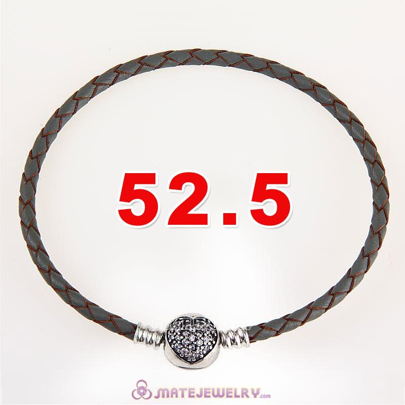 52.5cm Gray Braided Leather Triple Bracelet Silver Love of My Life Clip with Heart White CZ Stone