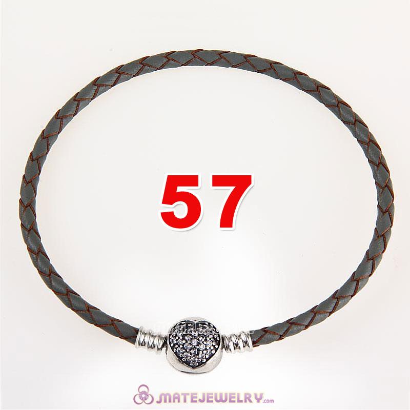 57cm Gray Braided Leather Triple Bracelet Silver Love of My Life Clip with Heart White CZ Stone