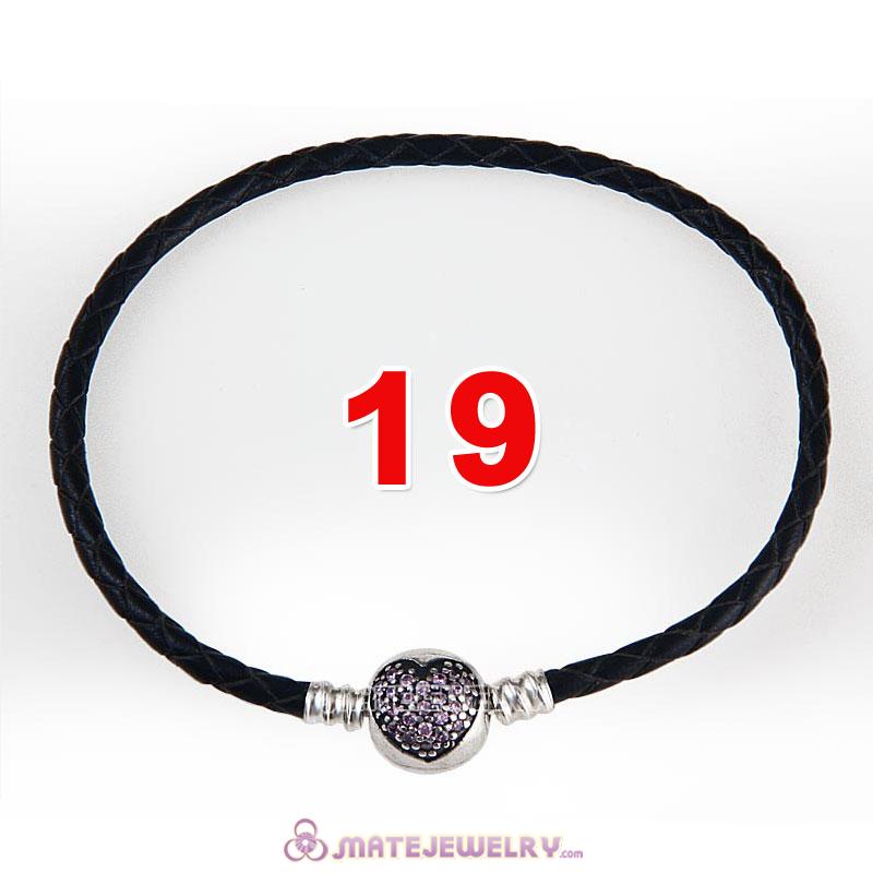 19cm Black Braided Leather Bracelet 925 Silver Love of My Life Round Clip with Heart Pink CZ Stone