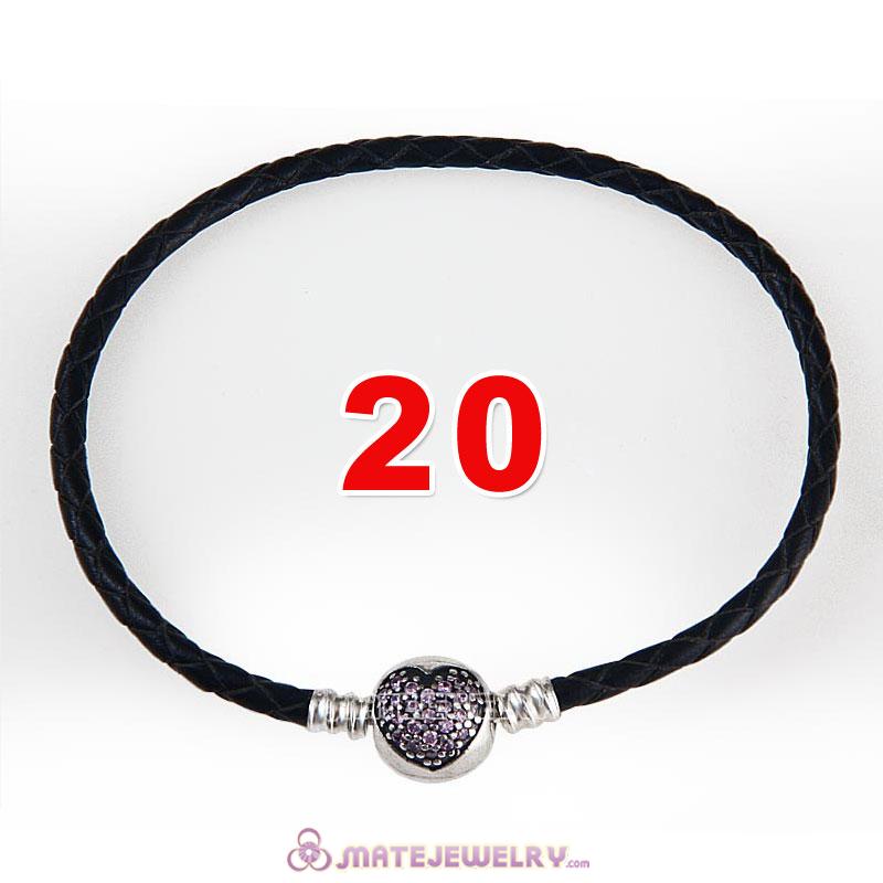 20cm Black Braided Leather Bracelet 925 Silver Love of My Life Round Clip with Heart Pink CZ Stone