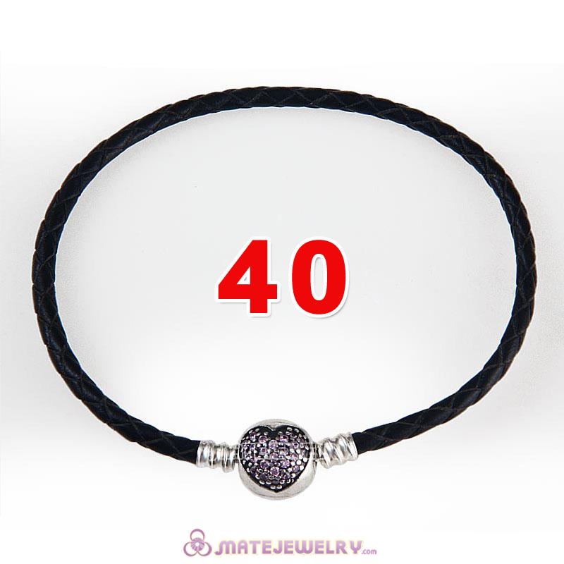 40cm Black Braided Leather Double Bracelet 925 Silver Love of My Life Clip with Heart Pink CZ Stone