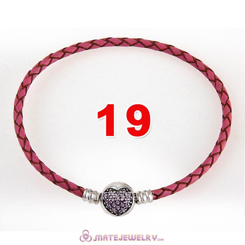 19cm Pink Braided Leather Bracelet 925 Silver Love of My Life Round Clip with Heart Pink CZ Stone