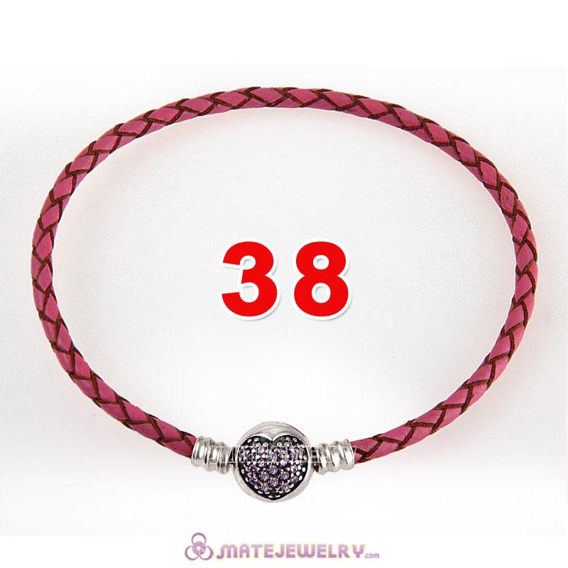 38cm Pink Braided Leather Double Bracelet 925 Silver Love of My Life Clip with Heart Pink CZ Stone
