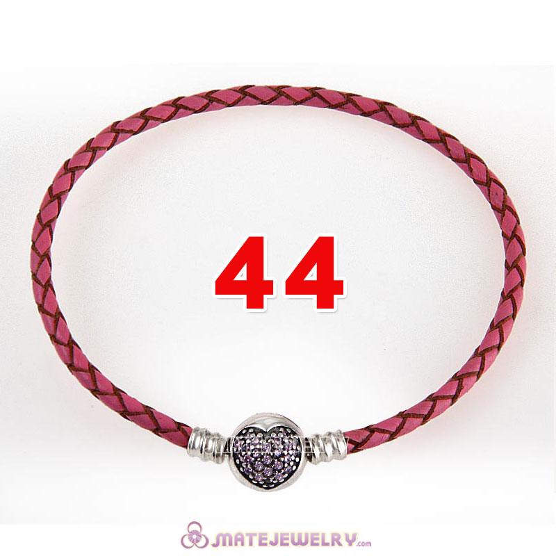 44cm Pink Braided Leather Double Bracelet 925 Silver Love of My Life Clip with Heart Pink CZ Stone