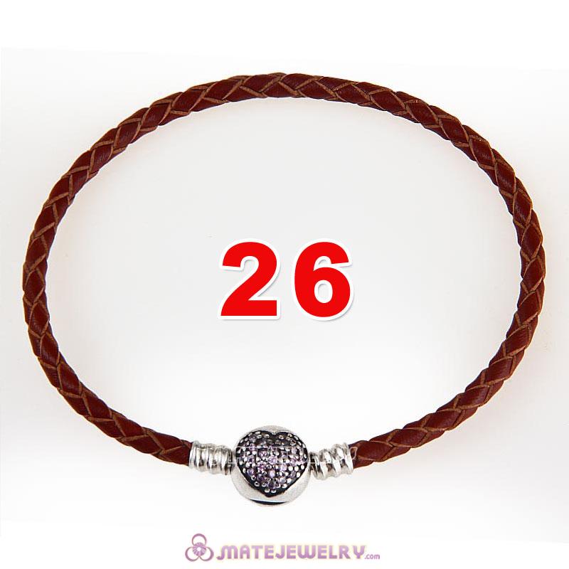 26cm Brown Braided Leather Bracelet 925 Silver Love of My Life Round Clip with Heart Pink CZ Stone
