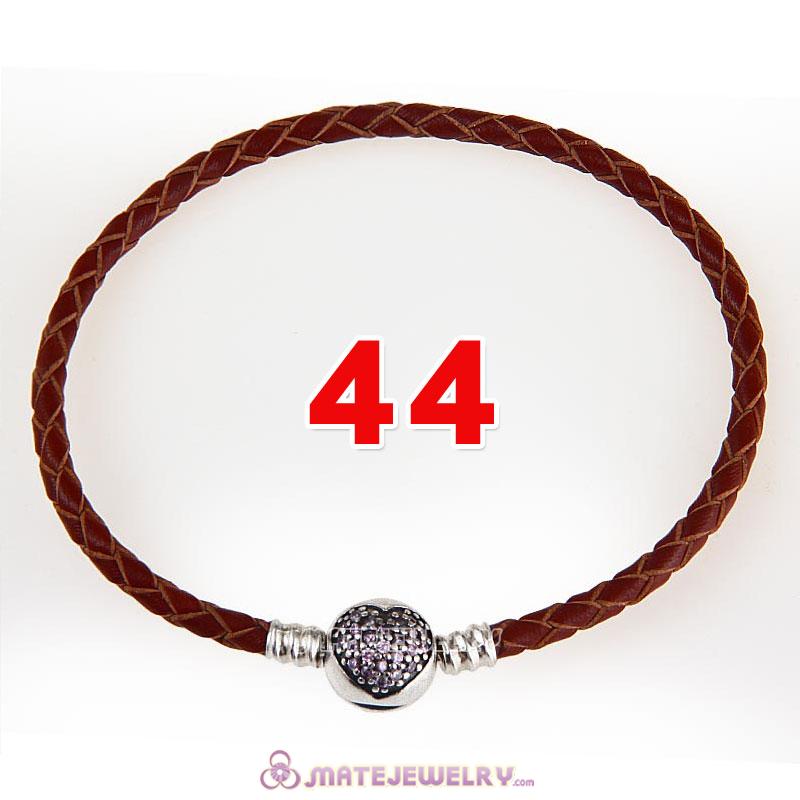 44cm Brown Braided Leather Double Bracelet 925 Silver Love of My Life Clip with Heart Pink CZ Stone