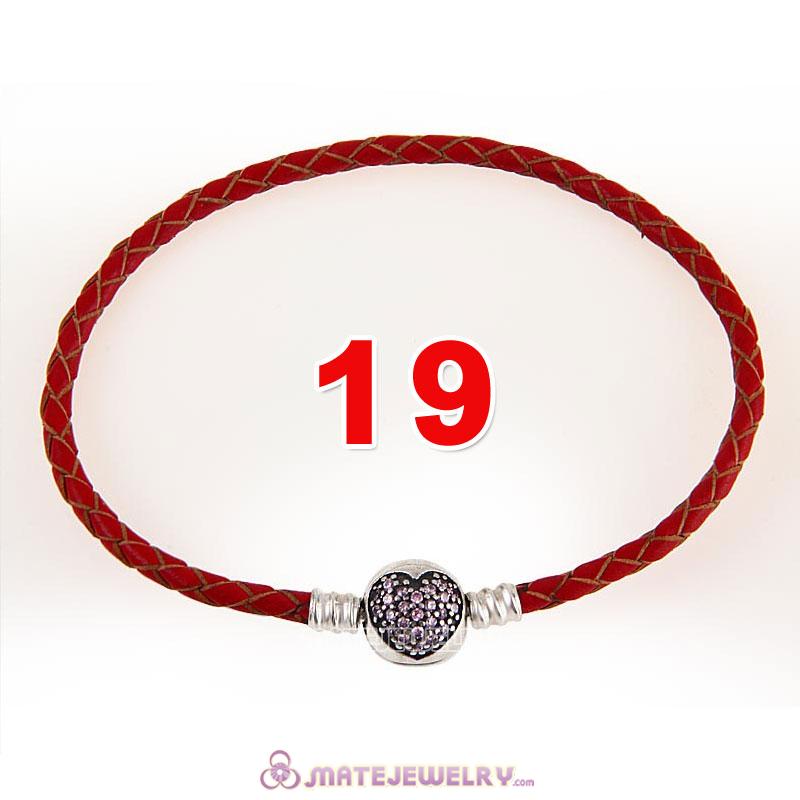 19cm Red Braided Leather Bracelet 925 Silver Love of My Life Round Clip with Heart Pink CZ Stone
