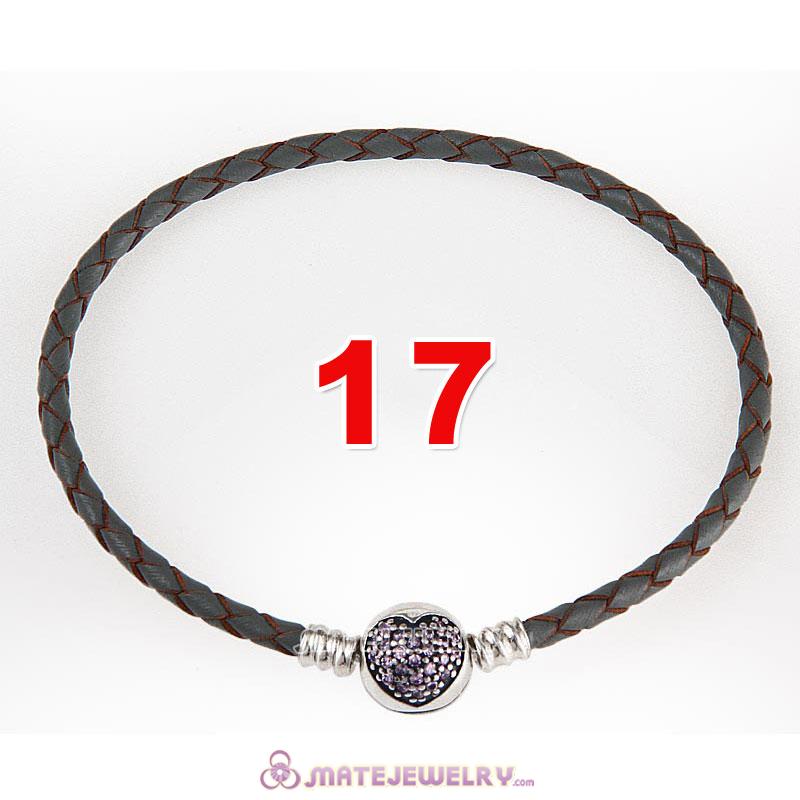 17cm Gray Braided Leather Bracelet 925 Silver Love of My Life Round Clip with Heart Pink CZ Stone
