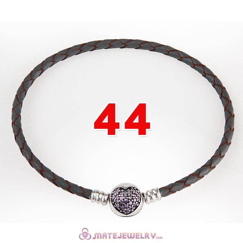 44cm Gray Braided Leather Double Bracelet 925 Silver Love of My Life Clip with Heart Pink CZ Stone