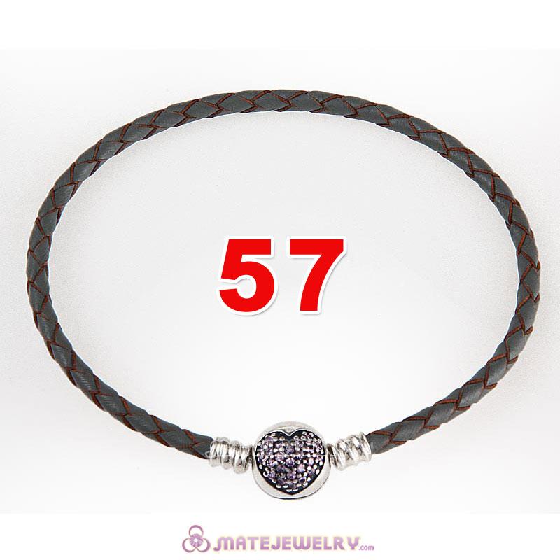57cm Gray Braided Leather Triple Bracelet Silver Love of My Life Clip with Heart Pink CZ Stone