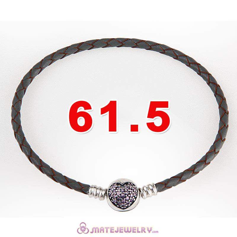 61.5cm Gray Braided Leather Triple Bracelet Silver Love of My Life Clip with Heart Pink CZ Stone